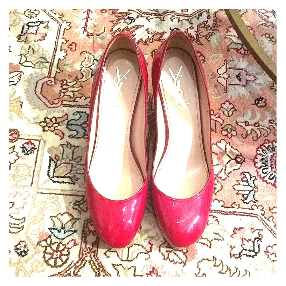 Yves Saint Laurent patent red leather cork wedges